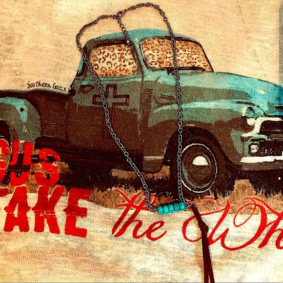 TURQUOISE BAR NECKLACE With LEATHER TASSEL ON SILVER CHAIN - Picture 2 of 3